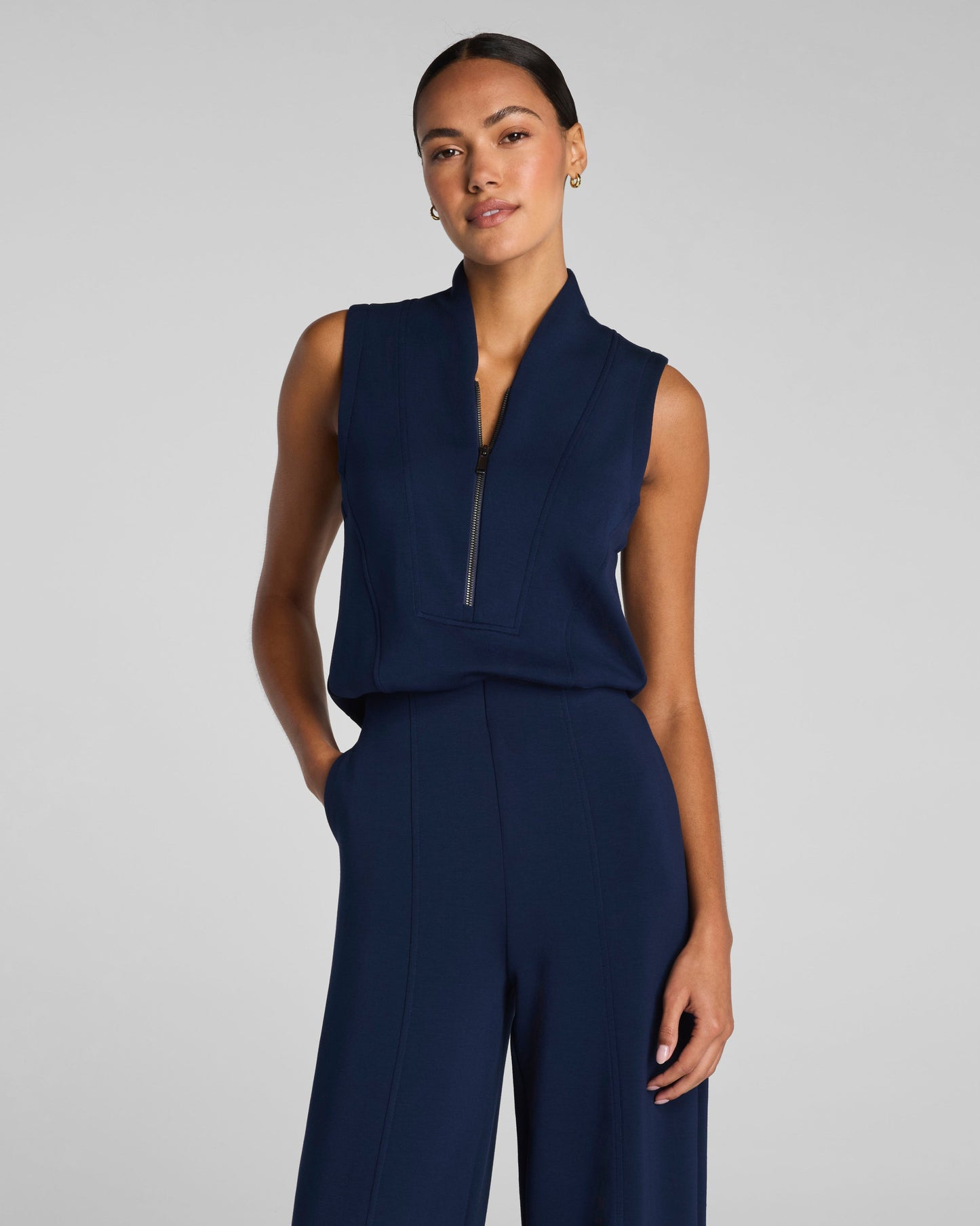 Shawl Collar Half Zip Jumpsuit